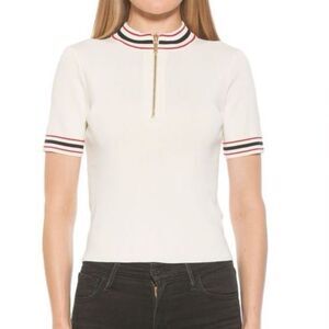 ALEXIA ADMOUR SIZE LARGE PHOEBE IVORY RED BLACK QUARTER ZIP SWEATER